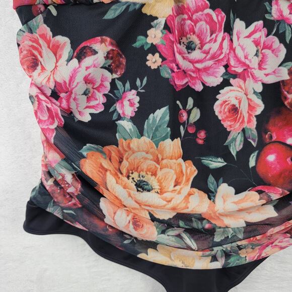 Whimsigoth Romantic Thong Contour Bodysuit XL Strappy Rusch Black Mesh Floral - Picture 4 of 13